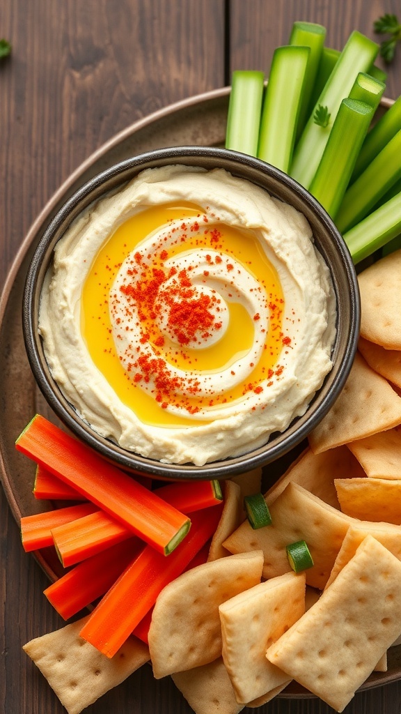 A bowl of cauliflower hummus garnished with olive oil and paprika, surrounded by vegetable sticks and pita chips.